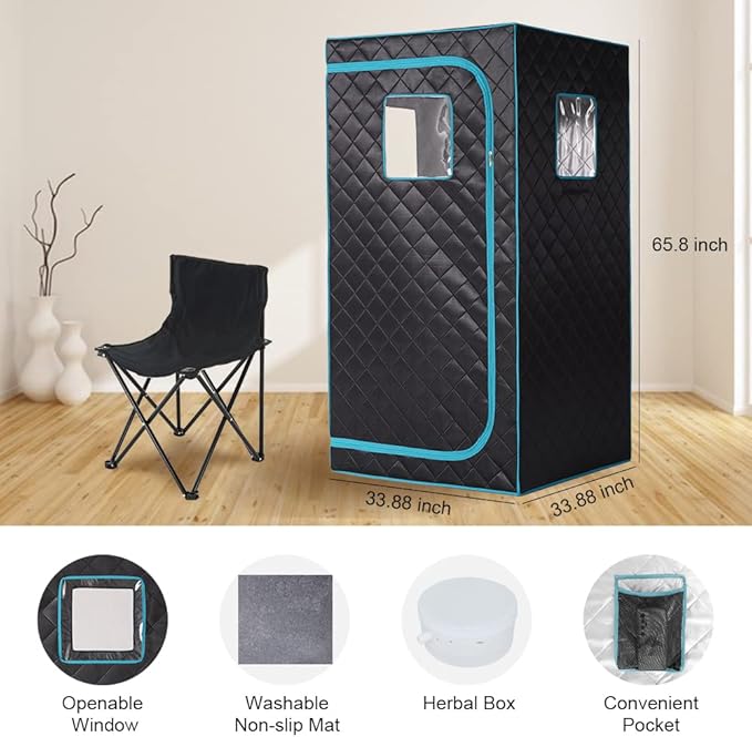 Smartmak Portable Home Steam Sauna Full Size Personal Sauna Spa Box Single Saunas Box with Steamer 4L 1500W Large Steam Generator 99 Min Timer Remote Control Upgraded Foldable Chair Mat Green