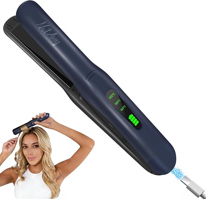 Cordless Hair Straightener Portable Hair Straightener Dual Voltage Travel Hair Straightener 2-in-1 Straightener &amp Curler USB-C Fast Charging Titanium Alloy Panel with Clips - Blue-Grey