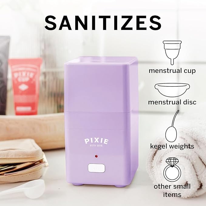 Pixie Menstrual Cup Sterilizer for Feminine Care - Ranked 1 for The Best Steamer - Kills 99.9% of Germs with Steam - Wash Your Period Disc or Cup in 3 Minutes! - Automatic Timing Shut-Off Switch