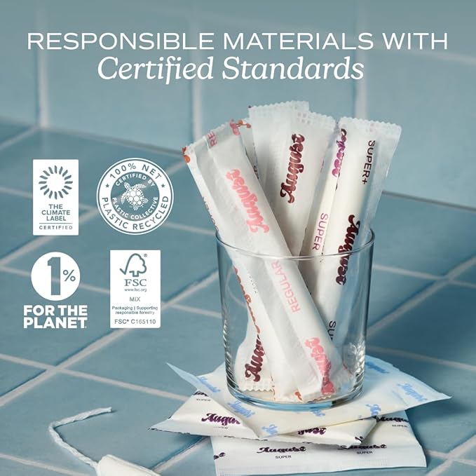 August Organic Cotton Tampons 96 Light Tampons Made with Organic Cotton Long Applicators Non-Toxic Fragrance-Free Chlorine-Free and Hypoallergenic (6 Boxes of 16/12 Boxes of 8)