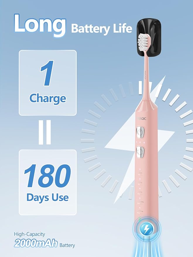 7MAGIC Sonic Electric Toothbrush for Adults and Kids - Up to 180 Days Runtime 42000 VPM Powered Toothbrush 5 Modes &amp 3 Intensities for Sensitive Teeth &amp Braces Includes 8 Brush Heads Pink