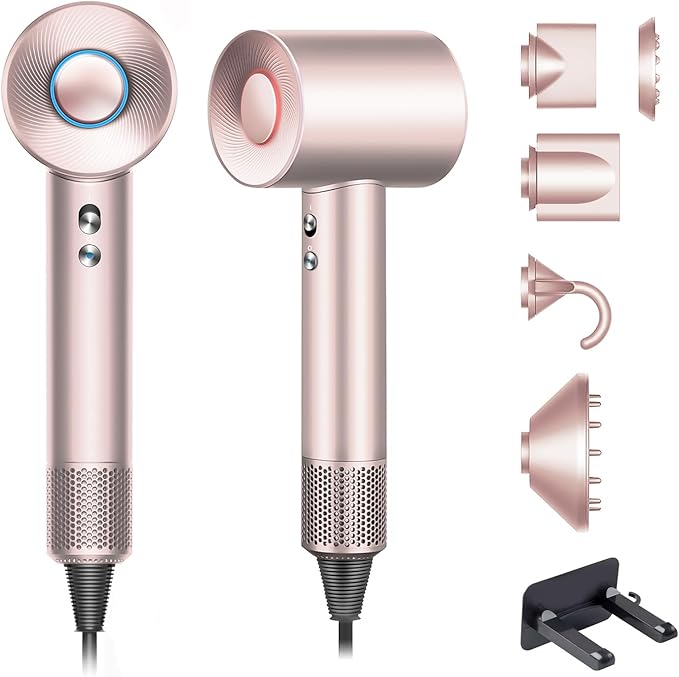 Brushless Powerful Hair Dryer 1600W 110000 RPM Fast Drying High Speed Blow Dryer with Negative Ion Technology Portable Lightweight with Diffuser and Nozzle for Home Salon Travel Pink