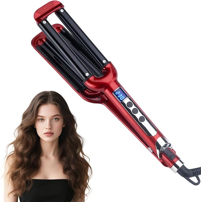 Wave Curling Iron 3 Barrel Hair Tool with Adjustable Temperature 100°C to 230°C for Women Fast Heating Anti-Scald 0.6 Inch Hair Crimper with Intelligent Power Off for All Hair Types (Red)