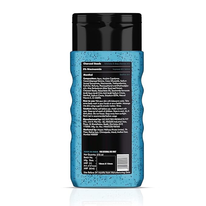 DK Charcoal Body Wash for Men | with 5% Niacinamide Activated Charcoal &amp Menthol | Deep Cleansing Detoxifying &amp Exfoliating Showering Gel | Paraben Free Soap Free | 275ml