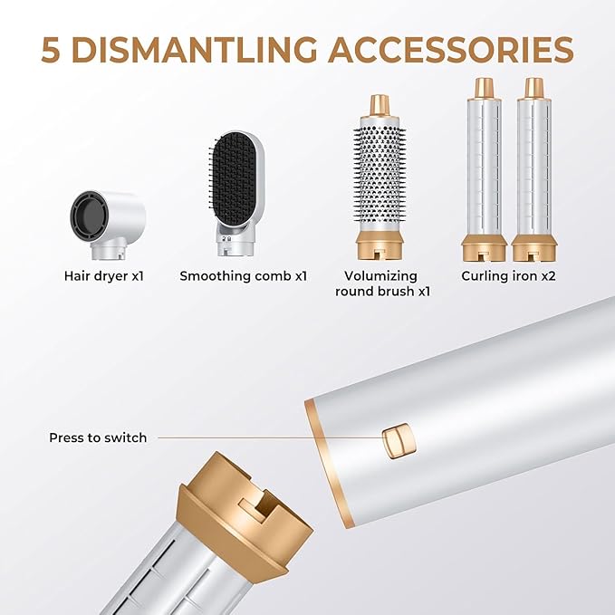 Hair Dryer Brush 5 in 1 Blow Dryer Brush Set Auto Wrap Curlers for Frizz-Free Volume Smooth Hair Damage Hair Styling Tools Gift for Drying Curling Straightening (Platinum)