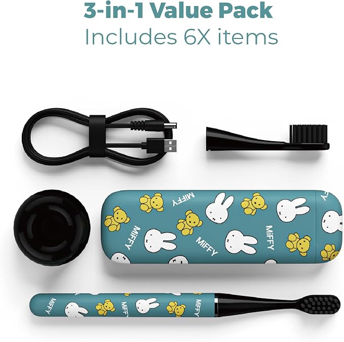 MIPOW Miffy BrushGo i4 Slim Electric Toothbrush Sonic Vibration Rechargeable Magnetic Travel Case &amp Ceramic Holder Dock 60Day Long Battery Soft Bristles 2Heads IPX7 Waterproof (Blue)