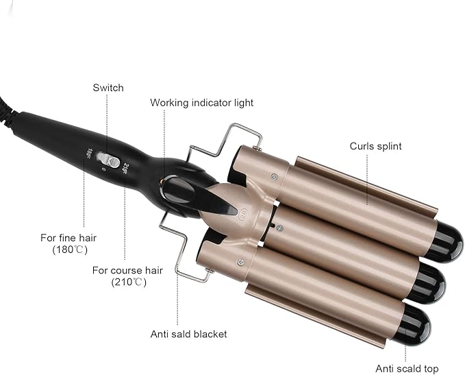 Hair Curling Tongs 3 Hair Curler Tourmaline Hair Curling Iron with 2 Temperature Class Quick Heating Electric Hair Waver Hair Styling Tool Golden Hair Crimpers(28mm)