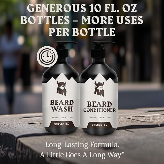 Striking Viking Unscented Beard Wash &amp Conditioner - 10 Fl Oz Pack of 2 - Deep Cleansing Oil Formula - Soothing Softener with Jojoba Oil - Itch-Free Gentle Hydration for Beard Care
