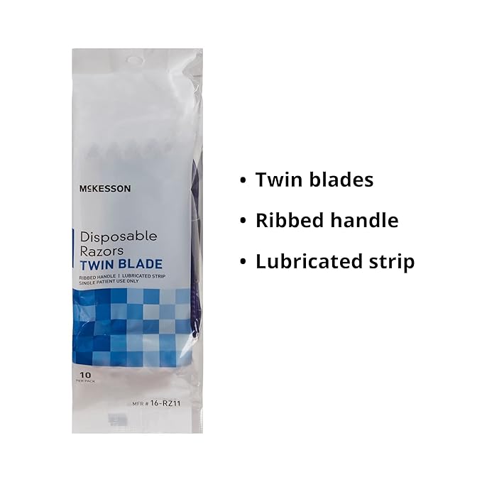 McKesson Disposable Razors Stainless Steel Twin Blade Lubricated Strip Ribbed Handle Blue 10 Count 12 Packs 120 Total