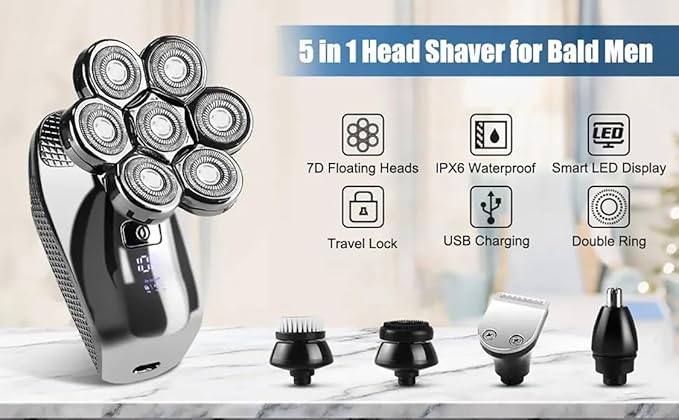 Head Shavers for Bald Men 5 in 1 Head Shavers for Men 7D Cordless Bald Head Shaver Wet&ampDry Waterproof Electric Razor for Men with LED Display Grooming Kit