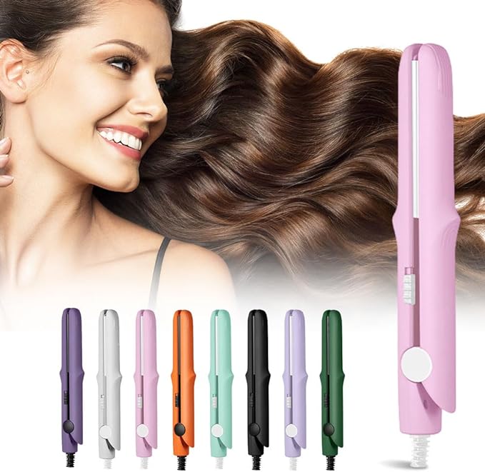 2026 New Mini Dual Purpose Curling Iron 2-in-1 Mini Curling Wand Flat Iron Hair Straightener Portable Travel Curling Wand for Short and All Hair Types (Pink)