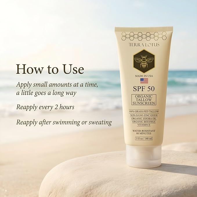 Organic Tallow Sunscreen - 50 SPF - For Face and Body - With 100% Grass-Fed Tallow and Non-Nano Zinc Oxide Reef Safe - (5 Oz)