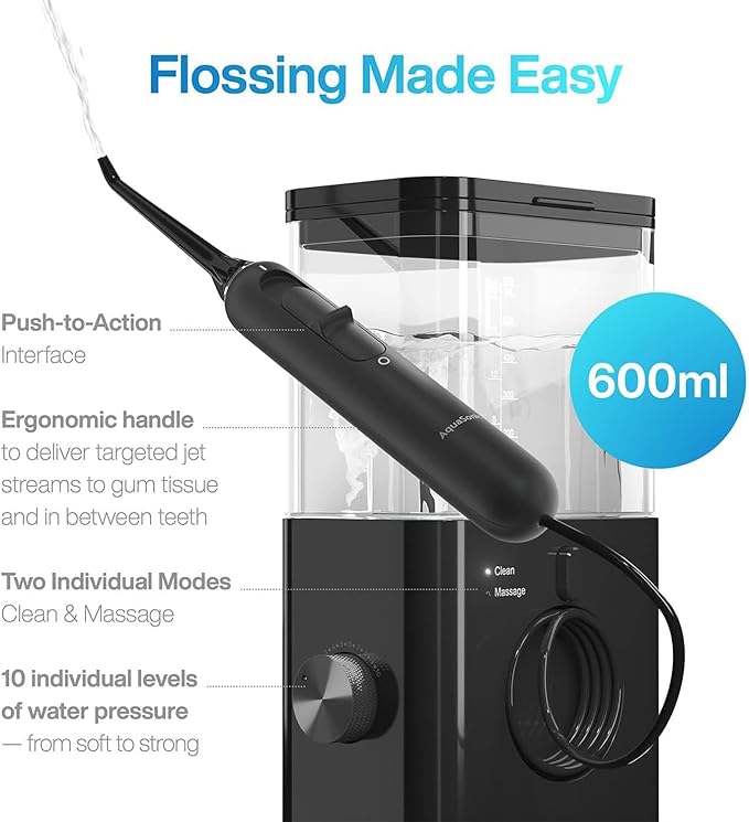 AquaSonic Aqua Flosser PRO | Professional Water Flosser with Large Capacity Reservoir | Oral Irrigator w/ 2 Modes 10 Levels of Water Pressure 4 Included Tips | Sleek &amp Compact