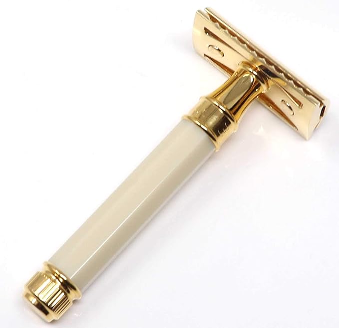 Double Edge Safety Razor Regular Handle Imitation Ivory and Gold Plated Octagonal