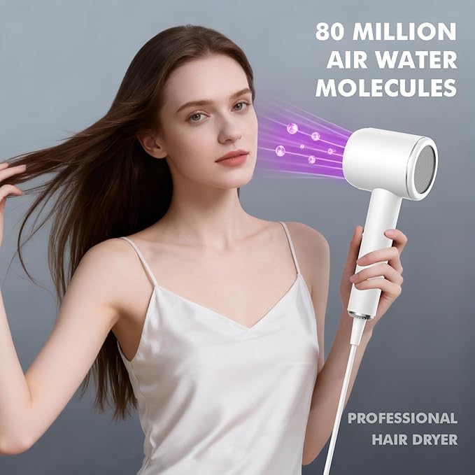 Professional Ionic Hair Dryer | Powerful Low Noise Hair Dryer | Constant Temperature for Fast Hair Drying | with Hair Diffuser Cluster Nozzle and Comb for Curly (White)