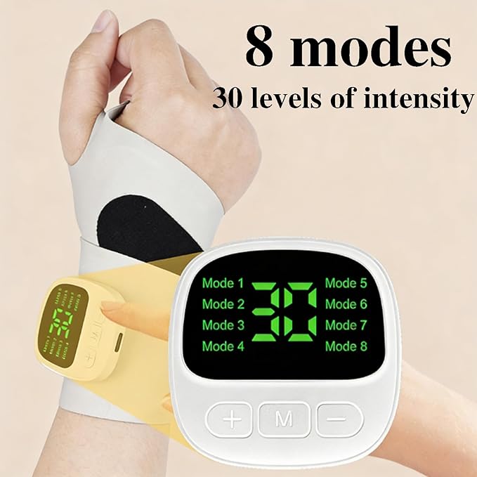 Rechargeable Adjustable Electric Wrist Massager Portable Cordless Hand Heating Pad with 8 Modes Heating Pad with 8 Modes &amp 30 Intensity Levels Magnetic Detachable Host (Blue)