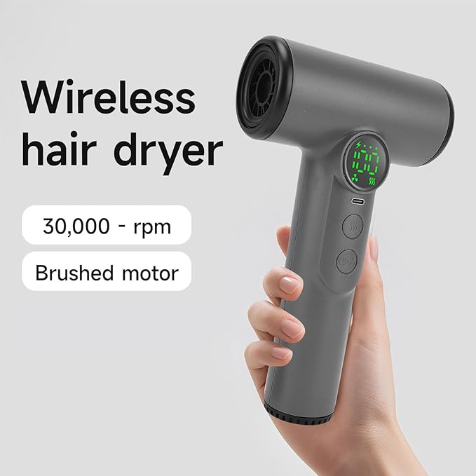 Cordless Hair Dryer 15600mAh Ionic Blow Dryer Fast Drying Low Noise Gentle Airflow 4 Mode Portable Hair Blow Dryers for Women Kids Outdoor Camping Beaches (Dark Gray)