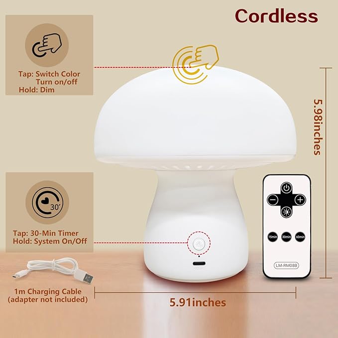 PowerTalk 670nm Red Light Lamp for Bedroom Sleep Dimmable Mushroom Red Night Light with Timer Remote &amp Touch Control for Baby Kids Adults - Portable and Rechargeable[2026 Upgrated Red Light Ther