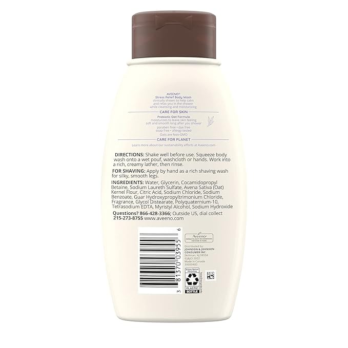 Aveeno Stress Relief Body Wash with Soothing OatLavender Chamomile &amp Ylang-Ylang Essential Oils Hypoallergenic Dye-Free &amp Soap-Free Calming Body Wash gentle on Sensitive Skin 12 fl. oz(Pa