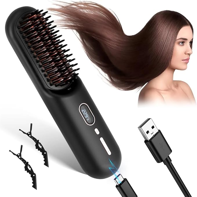 Cordless Hair Straightening Brush USB Ceramic Heating Straight Hair Comb 2-in-1Negative Ion Hair Straightening Comb(White)
