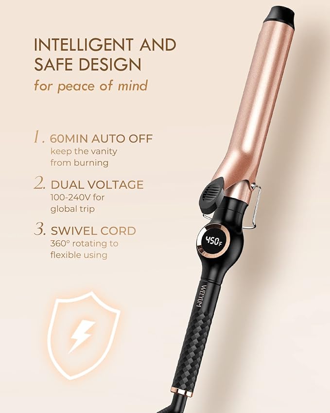 WEEYUM 1 1/4 Inch Ceramic Tourmaline Hair Curling Iron Long Barrel Curling Wand Double Voltage(100-240V)