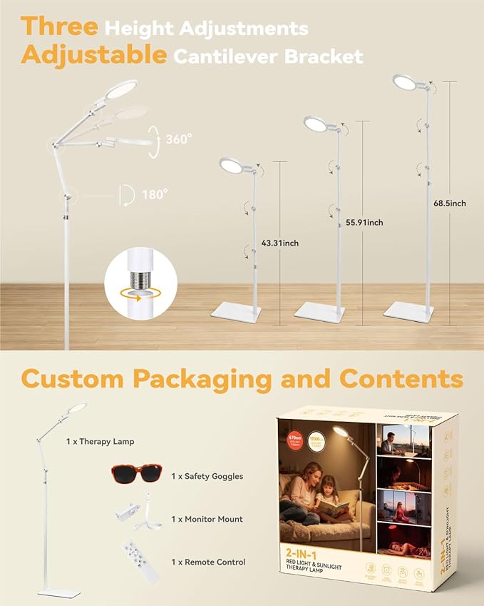 2-in-1 Light Therapy Lamp 670nm Red Light Therapy Lamp for Sleep &amp 12000 Lux Happy Light Sun Lamp Sad Lamp Floor Lamp with Remote Timer Eye-Safe UV-Free 9 Colors 10 Brightness for Bedroom Offi
