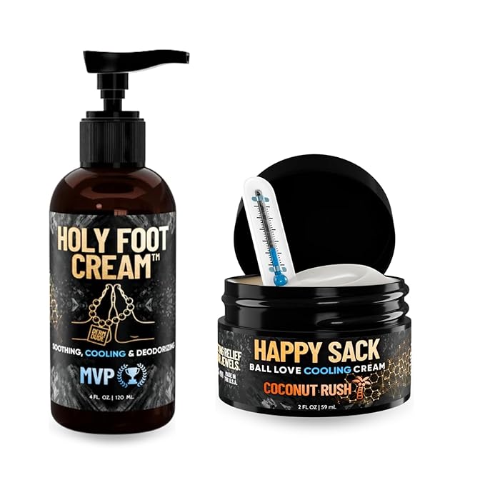 Derm Dude Below-the-Belt Grooming Bundle | Happy Sack Ball Deodorant 2oz (Coconut Rush Scents) + Holy Foot Cream 4oz (MVP Scents) | Odor Control &amp Moisture for Feet &amp Groin
