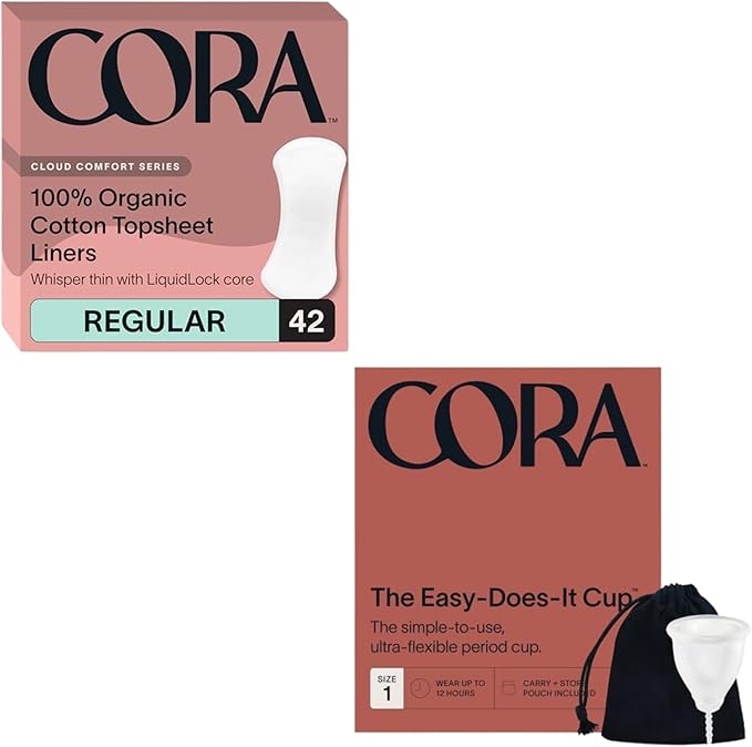 Cora Organic Feminine Care | 42 Long No Wings Liners and a Menstrual Period Cup | Medical Grade Silicone | Eco-Conscious | Bundle Pack