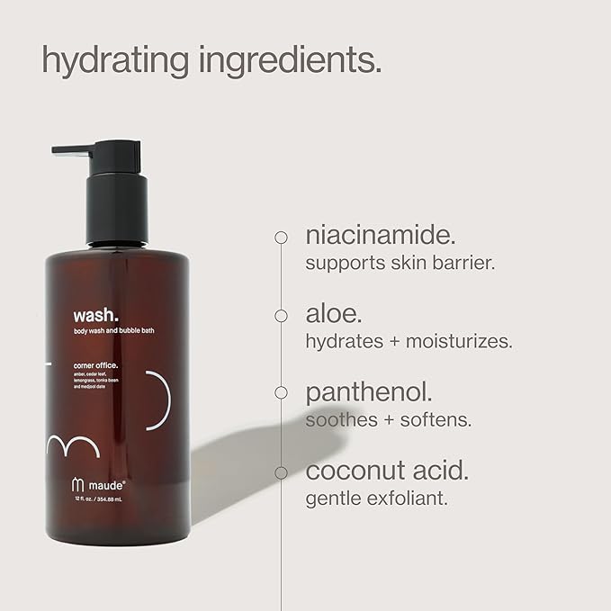 Maude Wash - pH Balanced Moisturizing Body Wash - Sandalwood &amp Eucalyptus Body Soap &amp Bubble Bath - With Smoothing Niacinamide &amp Aloe - Gentle Everyday Shower Gel &amp Relaxing Bath Soap