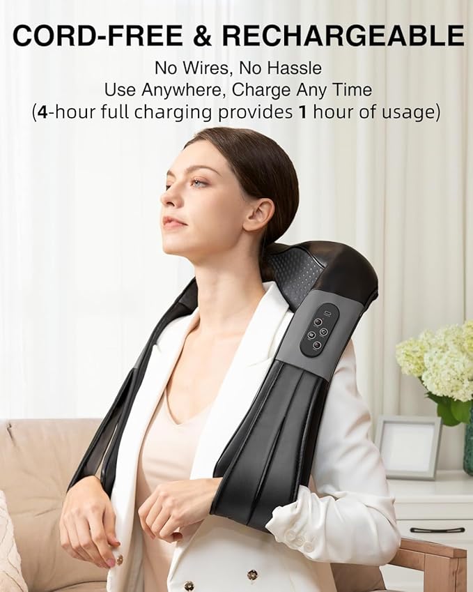 Nekteck Cordless Shiatsu Neck and Back Massager with Soothing Heat Rechargeable Electric Deep Tissue 3D Kneading Massage Pillow for Shoulder Leg Body Muscle Pain Relief 3 Speed Intensities
