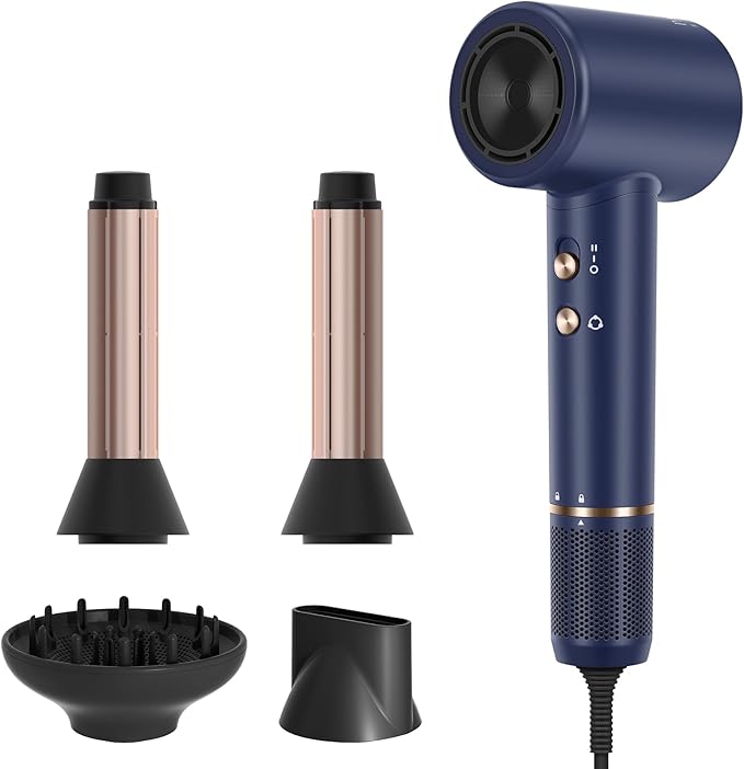 PARWIN PRO BEAUTY Air-Sonic Hair Dryer with Diffuser HD-LED Display &amp 110 000 RPM High Speed Ionic Blow Dryer 1 1/4 Inch Left &amp Right Air Auto-Wrap Curlers Prussian Blue Professional Versi