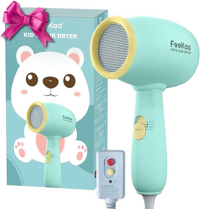 Feekaa Kids Hair Dryer Low Noise Gentle Heat for Kids Skin Gift for Children's Birthday Christmas Yellow-Green