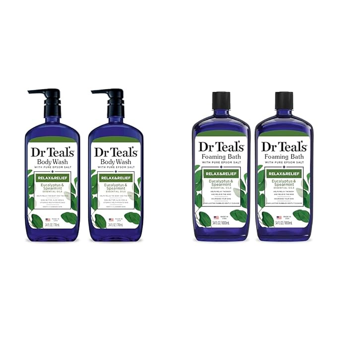 Dr Teal's Eucalyptus &amp Spearmint Body Wash (24 fl oz Pack of 2) &amp Foaming Bath (34 fl oz Pack of 2) Bundle