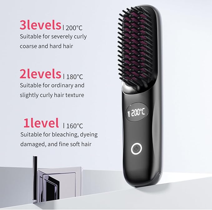 Cordless Hair Straightener Brush Go Brush Pro Portable Mini Straightening Brush for Women with 3 Temperature Settings LED Display Fast Heating Hair Straightener Comb for Travel Smooth Frizz Hair