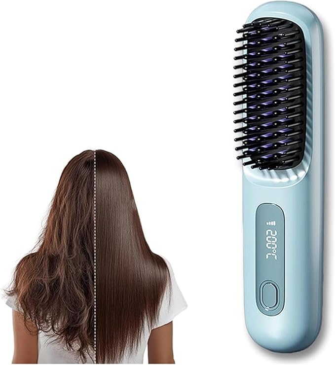 2026 Go Brush Pro Cordless Hair Straightener Brush Portable Travel Mini Straightener for Short Hair with LCD Temperature Display Fast Heating Small Hair Styling Tool for Women (Blue)