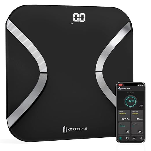 Korescale Gen2 Digital Smart Scale with BMI Body Fat Muscle Mass Weight | Highly Accurate Bathroom Scales Bluetooth Composition Analyzer | Compatible with KoreHealth Apple Health App (Black)