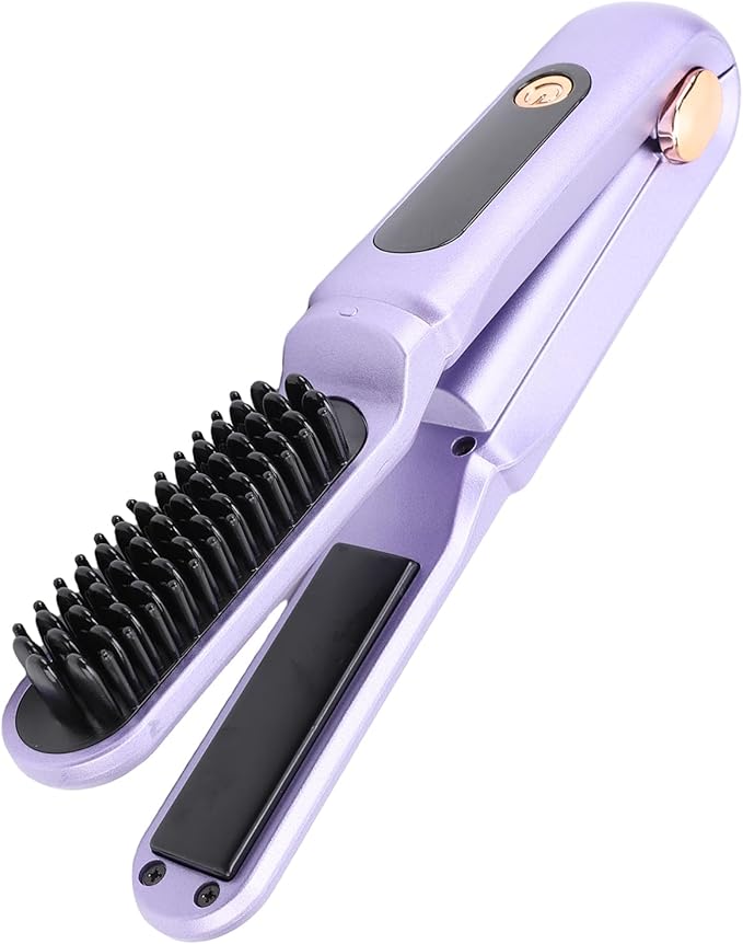 YUYTE Hair Straightener Brush for Women: 2 in 1 Curling &amp Straightening Brush with Dust Cover Ceramic Hot Comb with 3 Temps for Hair Styling (Purple)