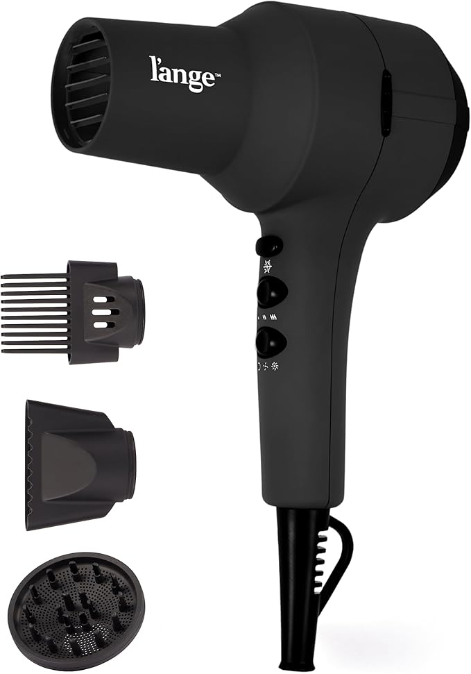 L'ANGE HAIR PowerStyle Turbo Ionic Hair Dryer | 1875 Watt Professional Blow Dryer with Diffuser &amp Concentrator | Multiple Heat &amp Speed Settings for Fast Drying | Salon-Grade Styling Tools Bla