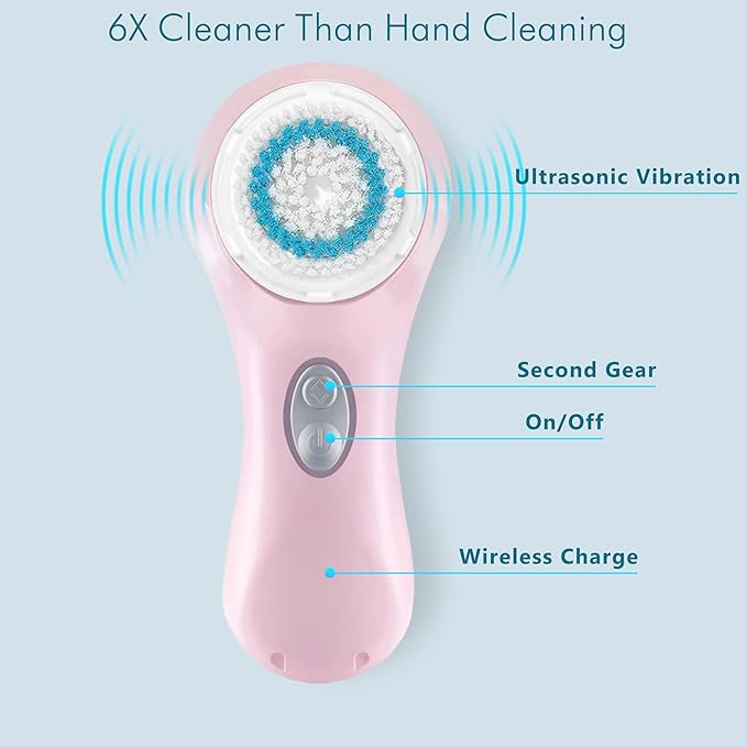 Microtree Electric Facial Cleansing Brush and Brush Head Replacement Sonic Vibrating Rechargeable Face Scrubber Exfoliator 2 Speeds for Gentle Clean
