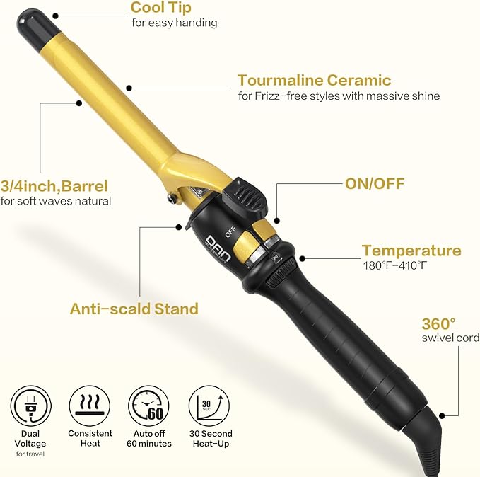 DAN Technology 3/4 Inch Curling Iron Wand for Classic Natural Curls Tourmaline Ceramic Hair Curler with 180°F–430°F Adjustable Temperature Fast Heating Dual Voltage Auto Shut-Off Black &amp Gold
