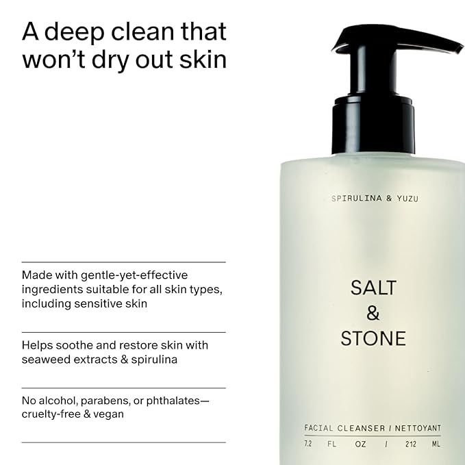 Salt &amp Stone Facial Cleanser for Women &amp Men Spirulina &amp Yuzu Gentle Facial Wash with Hyaluronic Acid Squalane For All Skin Types Vegan Cruelty Free 7.2 oz