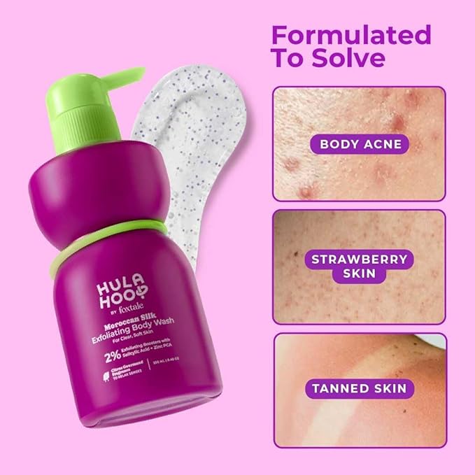 H.u.l.a Hoop Exfoliating Body Wash by F.oxtale | 2% Salicylic Acid + Zinc PCA | Reduces Body Acne Strawberry Legs &amp Tan | Exfoliates &amp Moisturizes to Reveal Smooth &amp Bump-free Skin | 250m