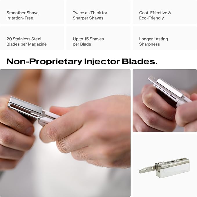 HYPE X1 Single Edge Aluminum Safety Razor Full Set - Ergonomic V-Shaped Design with 3 Customizeble Shave Settings 20 Non-Proprietary Blades Shaving Brush &amp Stand - Silver