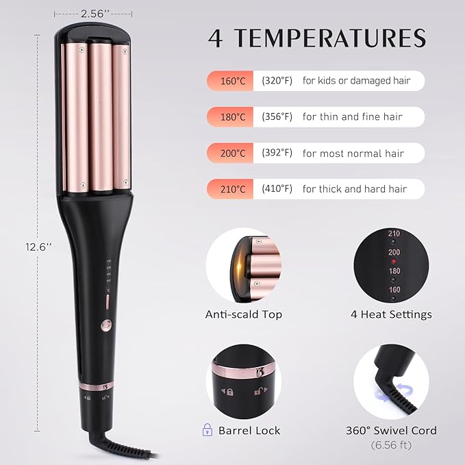 4-in-1 Hair Crimper - Adjustable Barrel for Different Wavy Looks - 3 Barrels Waver Hair Tool for Women (Healthy Ceramic Curling Dual Voltage 30s Fast Heating 4 Heat Setting Up to 410℉) Gold