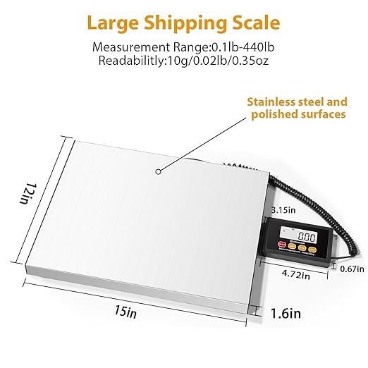 Digital Postal Scale440lb x 10g Accuracy Shipping ScaleStainless Steel PlatformsHeavy Duty Scale with LCD/Hold/Tare FunctionsPostage Scale for PackagesLuggage ScaleBattery&ampUSB Included