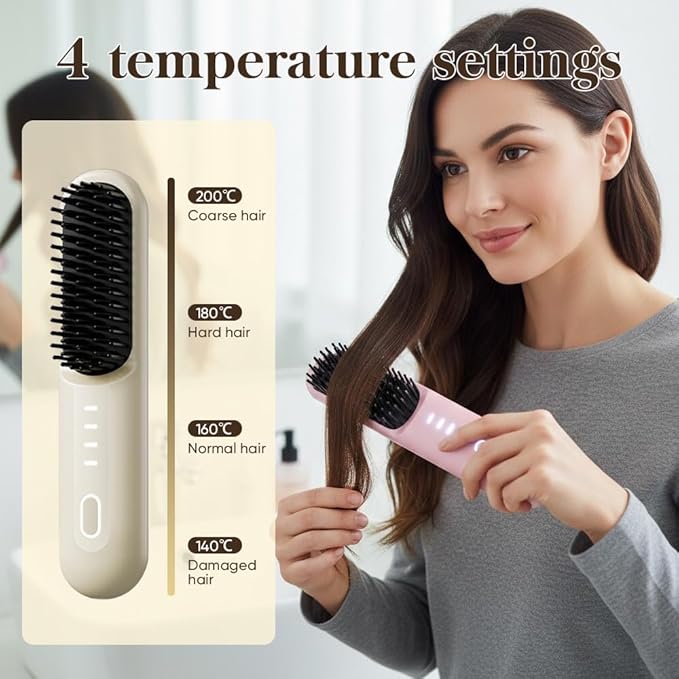 Cordless Hair Straightener Brush 2 in 1 Curl &amp Straighten Styling Tool USB-C Rechargeable Ceramic Heated Brush with 4 Heat Settings Portable Travel Hair Tool for Short &amp Long Hair (Beige)