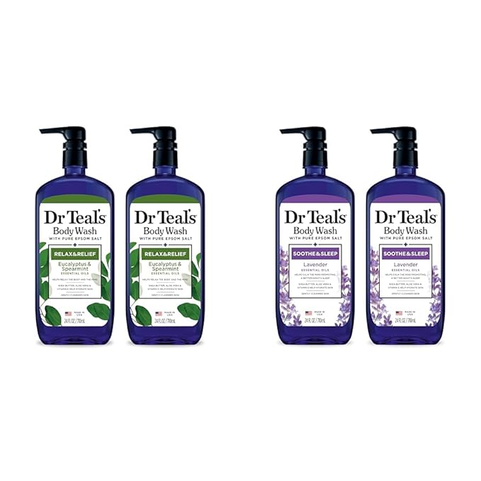 Dr Teal's Body Wash Bundle with Pure Epsom Salt Relax &amp Relief with Eucalyptus &amp Spearmint 24 fl oz (Pack of 2) and Soothe &amp Sleep with Lavender 24 fl oz (Pack of 2)