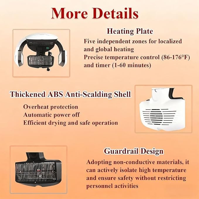 Professional Hair Dryer 1500W High Power Hairdressing Dryer with 5 Heating Discs and 360° Swivel Adjustable Arm Salon Hair Color Processor Wall Mount with LCD Display