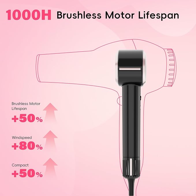 CINOSTAR Hair Dryer Fast Drying Blow Dryer with Diffuser with 110 000RPM Brushless Motor&ampIonic Technology No Heat Damage Lightweight for Women and Travel Low Noise Black &amp Blush Rose