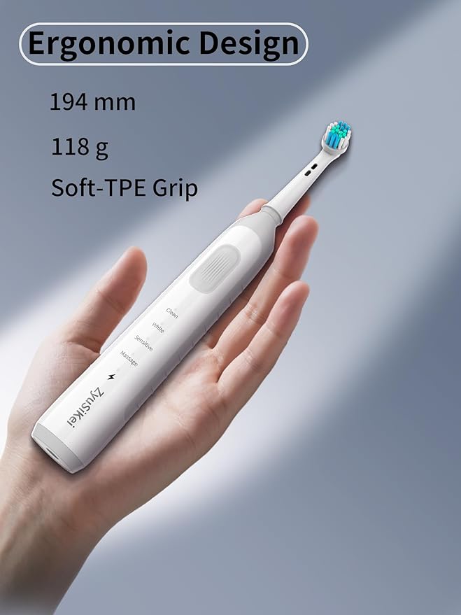 Rotating Electric Toothbrush for Adults with 4 Modes Round Head and USB Charging Base - for Sensitive Gums IPX7 Waterproof (White)